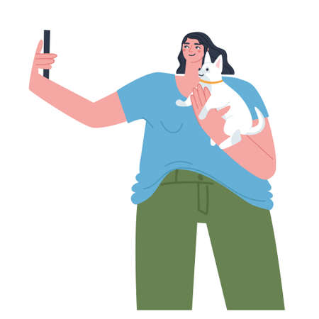 A girl takes selfies on her phone with a small white dog in her arms. Fashionable flat vector illustration. Vector illustrationのイラスト素材