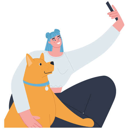 A girl with a big dog takes a photo of herself on her phone. Vector illustrationのイラスト素材