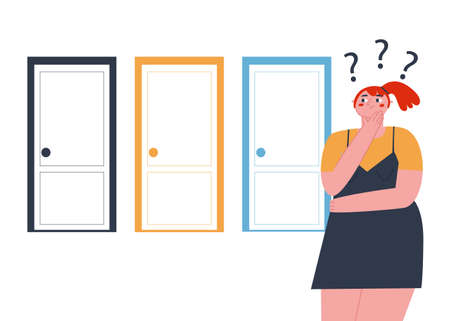 A girl stands in front of 3 closed doors and thinks which door to choose. Flat vector illustration....