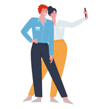 Two office employees taking a photo video on their phone. Flat vector illustration. Vector illustrationのイラスト素材