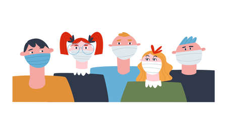 Teenagers wearing medical masks stand in a line. Team of students wearing protective masks. Flat vector illustration.のイラスト素材