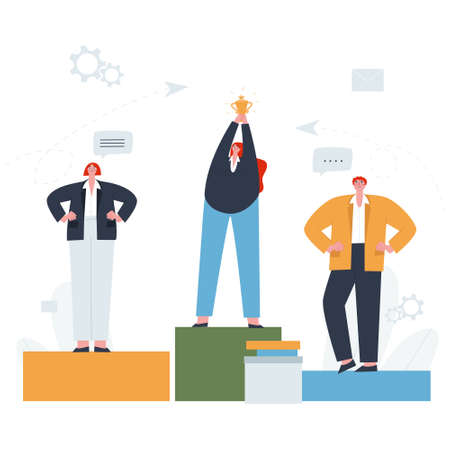 People standing on a pedestal. The winner with the gold cup in 1st place. Concept of teamwork. Flat vector illustration. Vector illustrationのイラスト素材