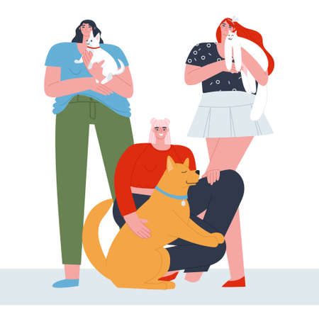 Three girls - girlfriends with their pets met for a friendly chat. Modern trendy people Flat vector illustration. Vector illustrationのイラスト素材
