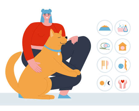 A girl with a big red dog. Stickers indicating care and feeding. Flat vector illustration. Vector illustrationのイラスト素材