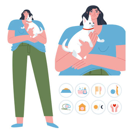 A girl stands with a small dog in her arms. Flat vector illustration. Vector illustrationのイラスト素材