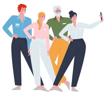 A girl with a large company taking photos of herself and friends of colleagues on the phone. Fashionable flat vector illustration. Vector illustrationのイラスト素材