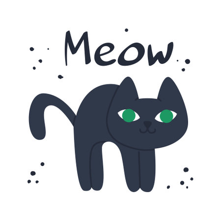 Little black kitten arched its back. Pet shows emotions. Meow inscription. Flat vector illustration, eps10. Vector illustrationのイラスト素材