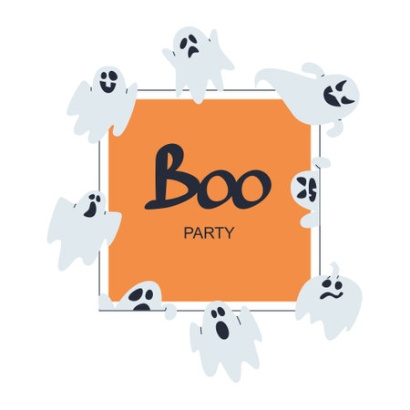 Ghosts fly around the orange square. Halloween theme. Boo party text. Flat vector illustration, eps10. Vector illustrationのイラスト素材