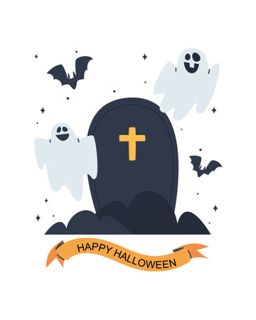 Gravestone and bats. Halloween theme for postcard design. Flat vector illustration. Eps10. Vector illustrationのイラスト素材
