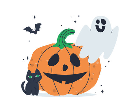 Halloween concept, pumpkin and black cat on a white background. Festive card in horror theme. Flat vector illustration. Eps10. Vector illustrationのイラスト素材