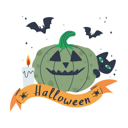 Pumpkin with a black cat and a candle on a white background. Halloween theme concept. Set of items for postcard design. Flat vector illustration. Eps10. Vector illustrationのイラスト素材