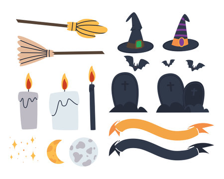 Magic items for a young witch. Hat, moon and candles with tombstones. Flat vector illustration. Eps10. Vector illustrationのイラスト素材