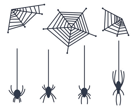 Set of poutine and spider. Angular web and spiders of various shapes. Flat vector illustration. Eps10. Vector illustrationのイラスト素材