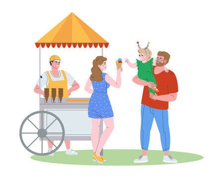 Dad holds little daughter in his arms. Mom gives the child ice cream. Ice cream tent with seller. Traditional family on a walk. Flat vector illustration. Eps10. Vector illustrationのイラスト素材