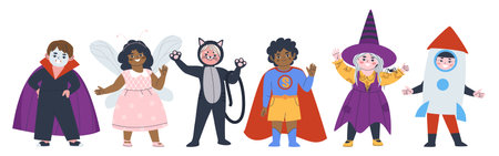 Group of children in carnival costumes. Children in Halloween costumes. Witch, Dracula and Superman Halloween costume. Flat vector illustration.. Vector illustrationのイラスト素材