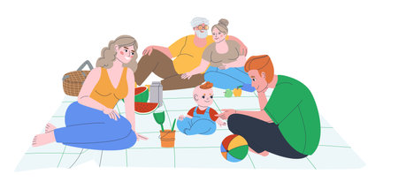 Parents, children and grandson are sitting on a blanket. Family picnic. Father plays with the baby. Grandpa hugs grandma. Flat vector illustration.. Vector illustrationのイラスト素材