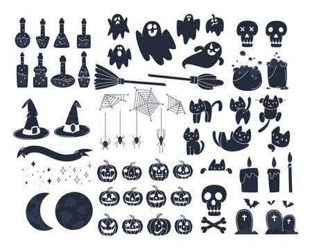 Set of items on the theme of Halloween. Black and white elements of the October holiday. Flat vector illustration. Eps10. Vector illustrationのイラスト素材