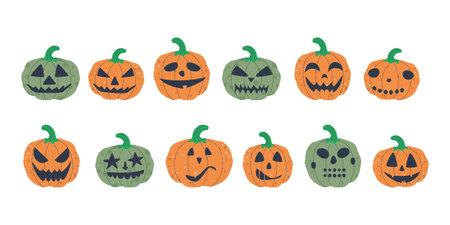 Set of pumpkins with faces. Carving pumpkins. Collection of green and orange pumpkins. Decor for decorating the autumn holiday Halloween. Flat vector illustration. Vector illustrationのイラスト素材