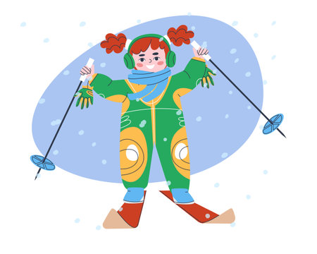 Smiling girl in winter overalls is skiing on a snowy winter day. Teen active hobby. Flat vector illustration. Eps10. Vector illustrationのイラスト素材