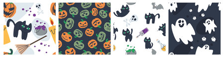 Halloween pattern seamless set. A set of halloween concepts for decorating fabric, packaging, paper. Flat style vector illustration. Vector illustrationのイラスト素材