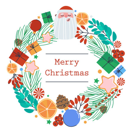 Christmas wreath of spruce twigs, gifts, balls and leaves. Festive winter decoration greeting messages. Flat vector illustrationのイラスト素材