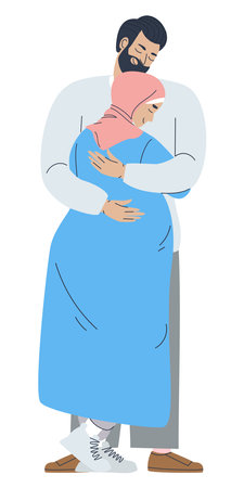 Husband hugs his wife. Pregnant Muslim woman. Traditional couple. . Vector illustrationのイラスト素材