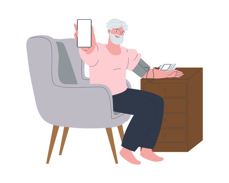 Elderly man sits showing phone screen. Man is sitting in a chair. Gray-haired man measures blood pressure. Vector illustrationのイラスト素材