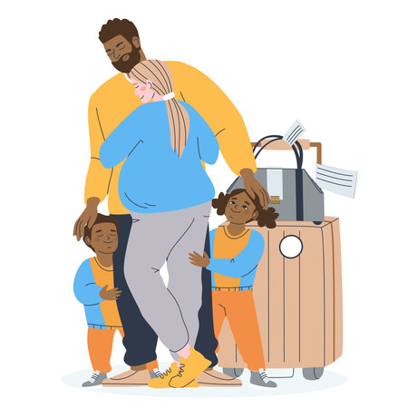 Family meets dad with suitcases. Young pregnant woman and two children hug a man. Man meets or sees off his wife and children. Vector illustrationのイラスト素材