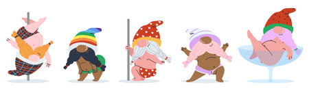 Cheerful gnomes are dancing. Dancing at the pole in the linen of little leprechauns. Collection of cool gnomes adult party. . Vector illustrationのイラスト素材