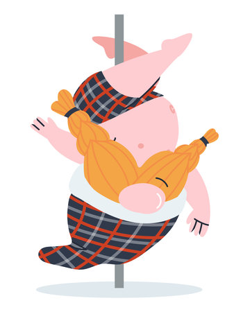 The dwarf hangs on a pylon with a bare belly and in shorts. Joking illustration of a pot-bellied gnome in a striptease. Vector illustrationのイラスト素材