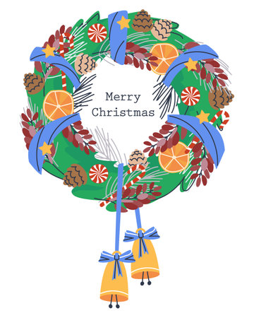 New Year wreath from needles. Ribbon and bells. Orange and caramel. Vector illustrationのイラスト素材
