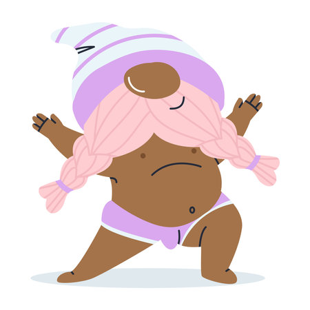 Hot African-American gnome. Dwarf in shorts. Pink beard. Fairy tale character. Vector illustrationのイラスト素材