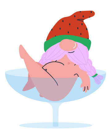 Pot-bellied dwarf in a glass goblet. Naked gnome. Fairy tale character. Vector illustrationのイラスト素材