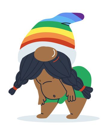 Black hot man with a beard. Dwarf in shorts and a rainbow hat. Fairy tale character. Vector illustrationのイラスト素材