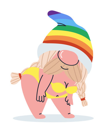 Real bearded dwarf woman. Cutie in a bathing suit. Girl in a rainbow hat. Fairy tale character. Vector illustrationのイラスト素材