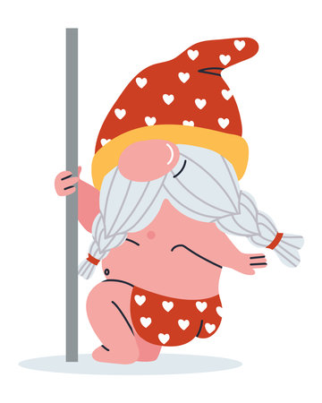 The gnome is dancing at the pole. Dwarf in shorts. Bearded fairy tale character. Vector illustrationのイラスト素材