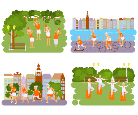 Banners Elderly people doing exercises. Healthy lifestyle, active lifestyle retiree. Sport for grandparents, elder Yoga in park and Ride for Seniors in city.のイラスト素材