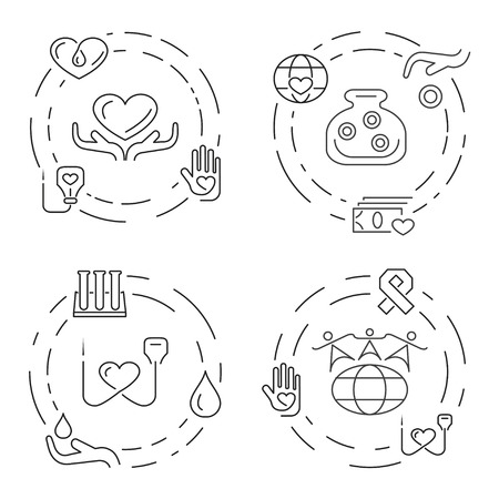 Charity and donation, volunteers needed concepts set for web banners, printed materials, infographics, websites. Creative icons in thin line flat design.のイラスト素材