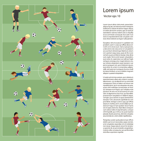 Set of soccer players in different poses on soccer field in flat design. Place for text. Perfect sport illustration for articles in magazine and websites about soccer match.のイラスト素材