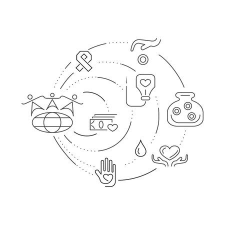 Charity and donation, volunteers needed concepts set for web banners, printed materials, infographics, websites. Creative icons in thin line flat design.のイラスト素材