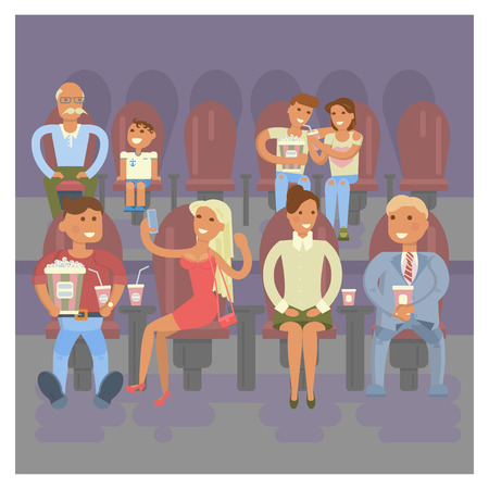 Happy people concept. Movie, popcorn, Family, lovers, child with granddad. Rest in the cinema Flat style cartoon vector illustration with isolated characters for poster or banner template.のイラスト素材