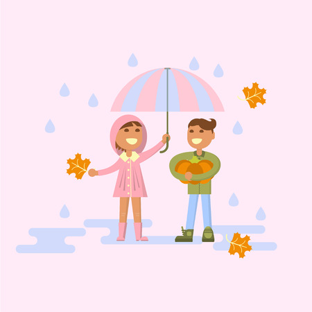 Illustration of kids playing outdoors in autumn. Baby in the rain - girl with umbrella and boy with pumpkin. Flat design of season. Vector illustration epsのイラスト素材