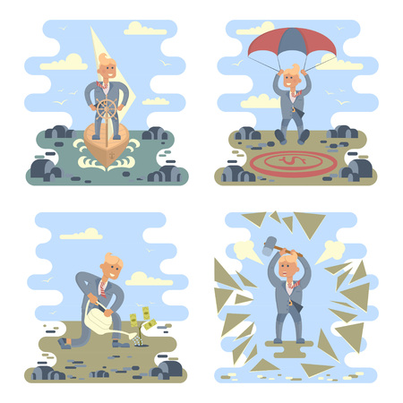 Business success concepts set. Businessman planting a money tree, stand at the wheel, breaks challenges, landing on a money icon target in the middle of the stones. Vector Character design.のイラスト素材