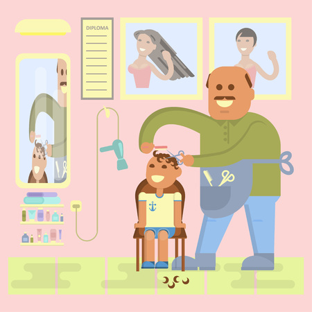 Professional bald-headed hairdresser is cutting to baby boy hair on hairsaloon background. Cartoon characters in flat design.のイラスト素材