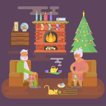 House Christmas room interior objects in flat style. xmas tree and decoration. Grandparents sitting in chair next to fireplace. Cartoon characters in flat design. Vector illustration eps10のイラスト素材