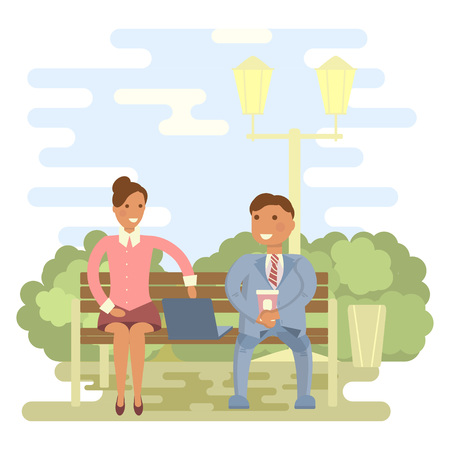 Couple outdoors in summer on a park bench. Cartoon character of men and women, people talking and chatting, office people in flat design.のイラスト素材