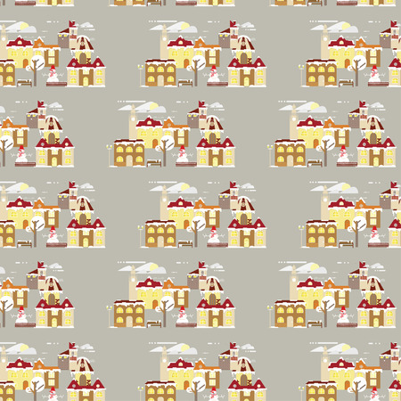 Winter weather colorful landscape seamless pattern. Snowy Small town at Christmas landscape in flat style. Vector illustrationのイラスト素材