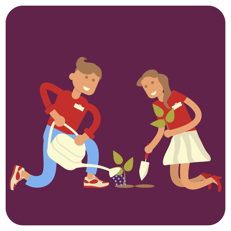 Young volunteers man and woman planting plants and trees. Vector illustration eps10のイラスト素材