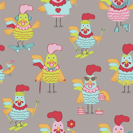 Seamless pattern with Cute cartoon roosters characters illustration. Vector template with funny cocks. Symbol of 2017 Chinese New Yearのイラスト素材