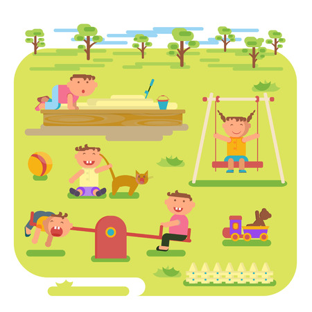 Playground infographic elements vector flat illustration, children play on the outdoors, in the sandbox, boys and girls go for a drive on a swing. Funny cartoon character. Vector illustrationのイラスト素材